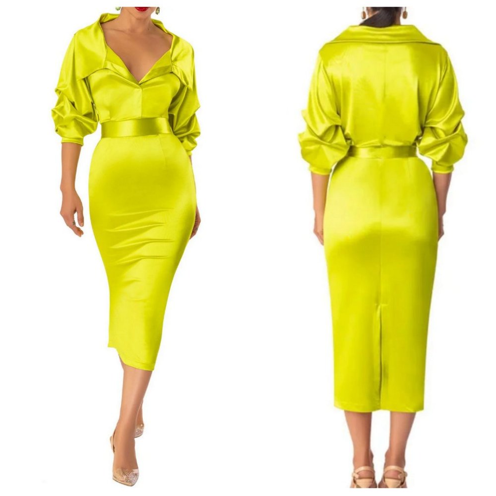 FHU Collection 3/4 Sleeve Plain Sheath Formal Shirt Collar Midi Dress